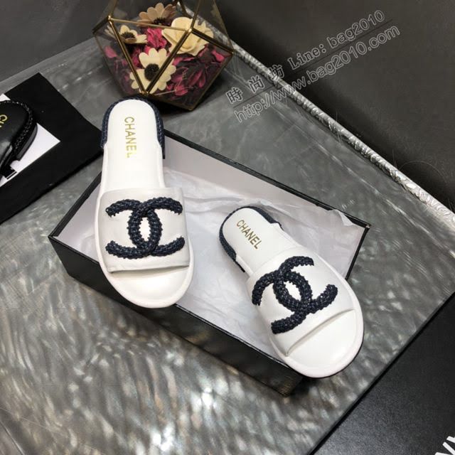 Chanel女鞋 香奈兒春夏專新款百搭一字拖 全皮純手工編織logo  naq1221